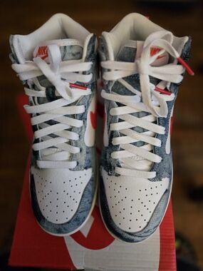 Nike Dunk High-Top Sneakers in White and Blue with Red Accents